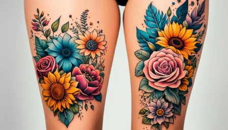 Close-up of a woman's leg showcasing a stylish and intricate tattoo design, highlighting the latest trends in leg tattoos for women in 2024.