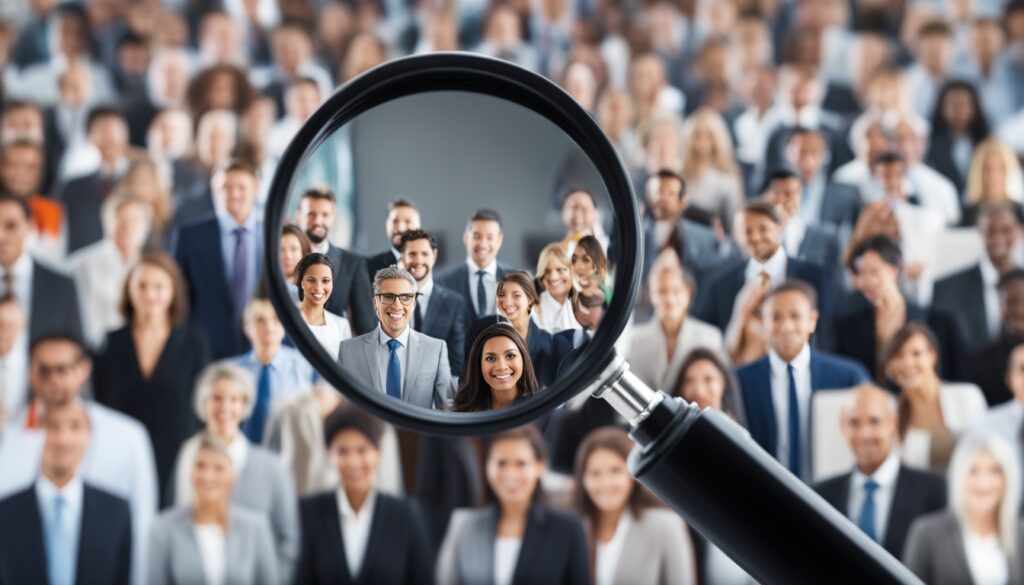 Image of a magnifying glass over a group of business people, symbolizing their search for understanding their audience's needs and intentions in B2B keyword research. The magnifying glass should be large and prominent, with the group of business people in the background out of focus but still visible. The overall tone should be professional and focused.