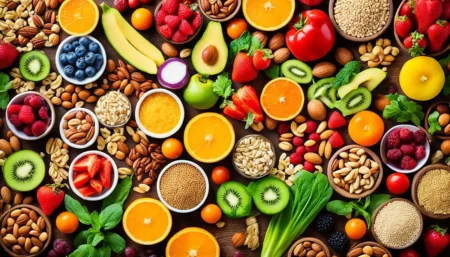 Colorful illustration of healthy food clipart featuring various fruits, vegetables, and whole grains arranged in an appealing and vibrant design.