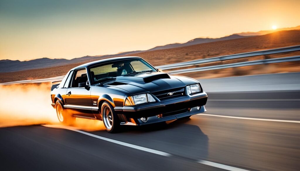 Show a Ford Mustang Foxbody speeding down an empty highway, with the sun setting behind it and casting a warm, orange glow over the car. The car should be in pristine condition and have a glossy black paint job that reflects the light beautifully. The Foxbody's classic lines and aggressive stance should be highlighted, conveying its raw power and performance capabilities. The background should be kept simple to draw focus to the car, but hints of surrounding nature or cityscape can be added for context.