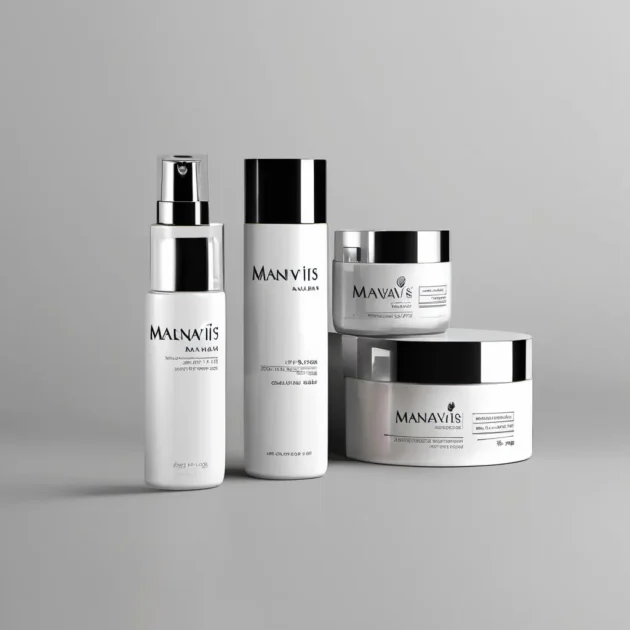 Close-up of Manavis skin care products arranged neatly on a bathroom counter, highlighting their sleek packaging and premium quality.