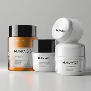 Close-up of Manavis skin care products arranged neatly on a bathroom counter, highlighting their sleek packaging and premium quality.