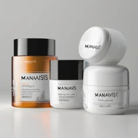 Close-up of Manavis skin care products arranged neatly on a bathroom counter, highlighting their sleek packaging and premium quality.