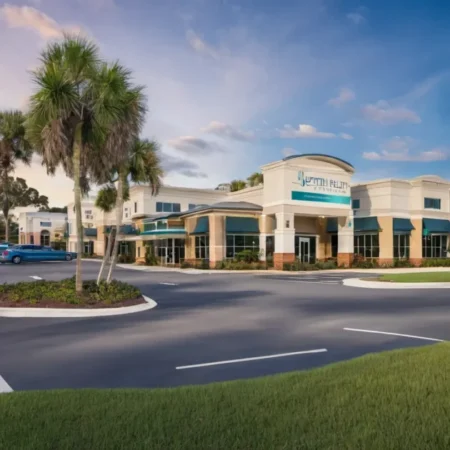 Aerial View of Jupiter Health Lakelands Clinic: An aerial shot of the Jupiter Health Lakelands medical clinic, showcasing its modern building and ample parking facilities.