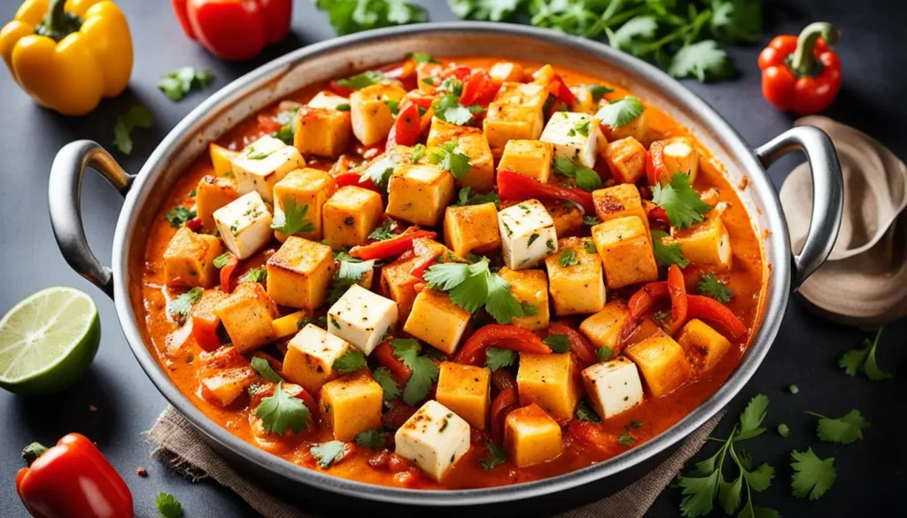 A sizzling hot pan filled with golden-brown cubes of marinated paneer, surrounded by colorful chunks of bell peppers and onions. The rich aroma of Indian spices fills the air, tempting your taste buds with every whiff. A creamy tomato-based sauce drizzled over the Paneer Tikka Masala, topped with a sprinkle of fresh cilantro leaves.