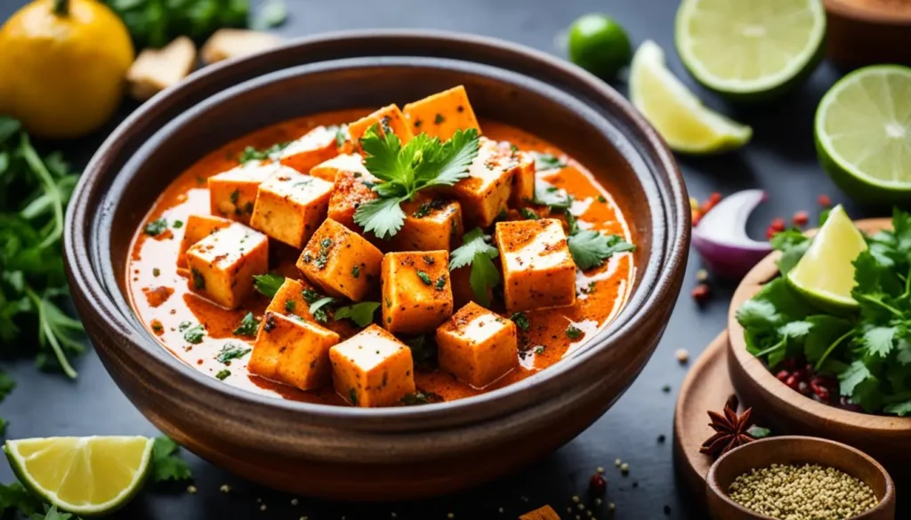 A close-up of a bowl filled with vibrant red paneer marinade, made from a blend of fragrant spices and yogurt. The paneer cubes are lightly coated in the marinade, ready to absorb all the flavors before being cooked to perfection. The bowl is surrounded by whole spices, fresh herbs, and a few slices of lime, hinting at the delicious meal that's about to be made.